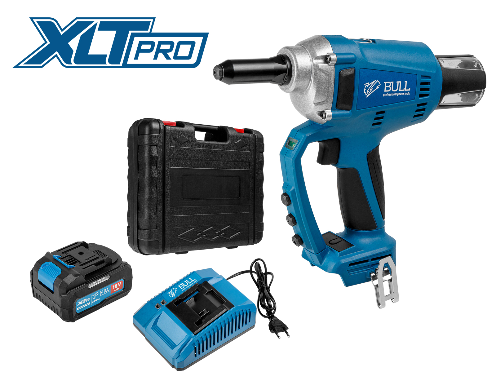 Аккум. заклепочный пистолет BULL CRG 1018 в чем. XLTpro, БЕСЩЕТ., 25 мм, 10000 Н, 1х4 А*ч